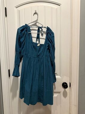 Pilcro Teal Smocked-Waist Sleeved Dress
